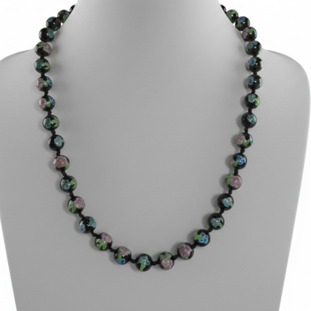 Vintage Hand Painted Cloisonné Style Floral Glass Bead Necklace 27"